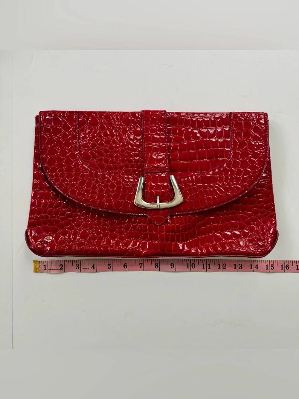 White House Black Market Red Croc-Embossed Clutch with Silver Buckle Accent - Picture 5 of 6